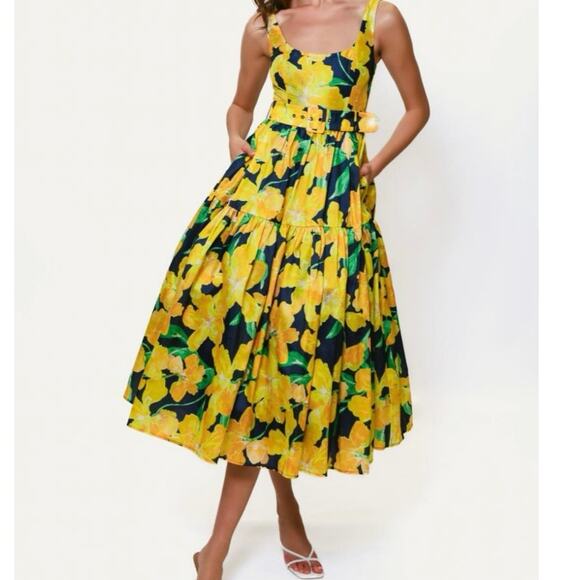 HUTCH Alice Belted Maxi Dress Navy Watercolor Orchids Sz 16W XXL 2X 3X - Picture 1 of 11